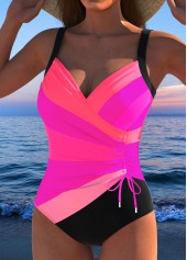 Multi Stripe Print Drawstring Hot Pink One Piece Swimwear