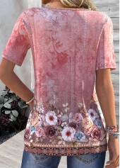 Floral Print Tuck Stitch Pink Short Sleeve T Shirt