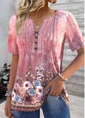 Floral Print Tuck Stitch Pink Short Sleeve T Shirt