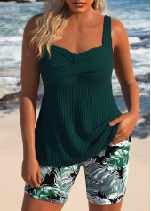 Feathers Print Surplice Turquoise Tankini Set