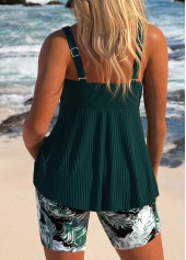 Feathers Print Surplice Turquoise Tankini Set