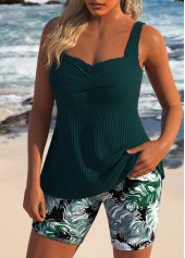 Feathers Print Surplice Turquoise Tankini Set