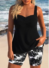 Plus Size Black Feathers Print Surplice Tankini Set