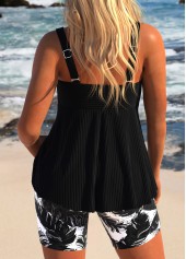 Plus Size Black Feathers Print Surplice Tankini Set