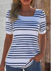 Striped Asymmetry White Short Sleeve Asymmetrical Neck T Shirt