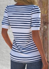 Striped Asymmetry White Short Sleeve Asymmetrical Neck T Shirt