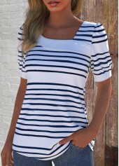 Striped Asymmetry White Short Sleeve Asymmetrical Neck T Shirt