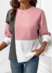 Patchwork Light Pink Long Sleeve Round Neck Sweatshirt