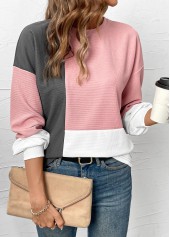 Patchwork Light Pink Long Sleeve Round Neck Sweatshirt