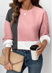 Patchwork Light Pink Long Sleeve Round Neck Sweatshirt