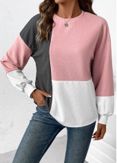 Patchwork Light Pink Long Sleeve Round Neck Sweatshirt