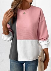 Patchwork Light Pink Long Sleeve Round Neck Sweatshirt