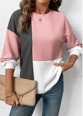 Patchwork Light Pink Long Sleeve Round Neck Sweatshirt