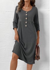 Button Dark Grey Marl Long Sleeve Scoop Neck Dress