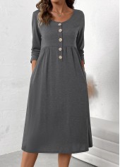 Button Dark Grey Marl Long Sleeve Scoop Neck Dress