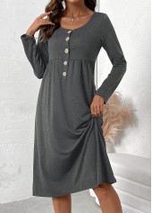 Button Dark Grey Marl Long Sleeve Scoop Neck Dress