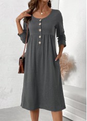 Button Dark Grey Marl Long Sleeve Scoop Neck Dress