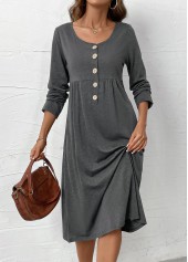 Button Dark Grey Marl Long Sleeve Scoop Neck Dress