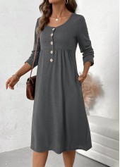 Button Dark Grey Marl Long Sleeve Scoop Neck Dress