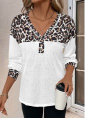 Leopard Patchwork White Long Sleeve V Neck T Shirt