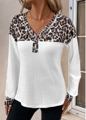 Leopard Patchwork White Long Sleeve V Neck T Shirt