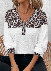 Leopard Patchwork White Long Sleeve V Neck T Shirt