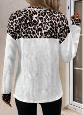 Leopard Patchwork White Long Sleeve V Neck T Shirt