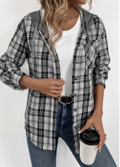 Plaid Button Black Long Sleeve Hoodie