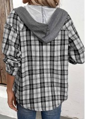 Plaid Button Black Long Sleeve Hoodie