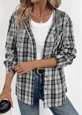Plaid Button Black Long Sleeve Hoodie
