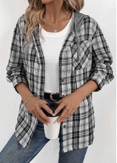 Plaid Button Black Long Sleeve Hoodie
