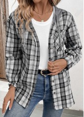 Plaid Button Black Long Sleeve Hoodie