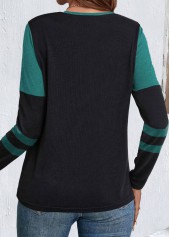 Patchwork Black Long Sleeve Split Neck T Shirt