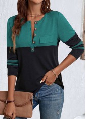Patchwork Black Long Sleeve Split Neck T Shirt