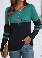 Patchwork Black Long Sleeve Split Neck T Shirt