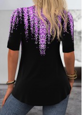 Geometric Print Purple Half Sleeve Fake Two Piece Twinset