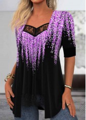 Geometric Print Purple Half Sleeve Fake Two Piece Twinset