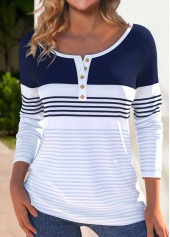 Striped Button White Long Sleeve Boat Neck T Shirt