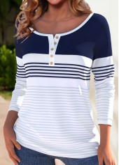 Striped Button White Long Sleeve Boat Neck T Shirt