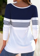 Striped Button White Long Sleeve Boat Neck T Shirt