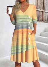 Ombre Patchwork Yellow A Line Long Sleeve Dress