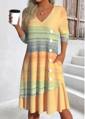 Ombre Patchwork Yellow A Line Long Sleeve Dress