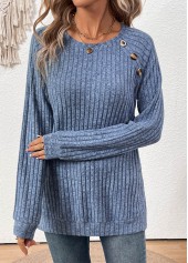 Button Dusty Blue Long Sleeve Round Neck T Shirt