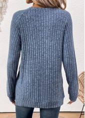 Button Dusty Blue Long Sleeve Round Neck T Shirt