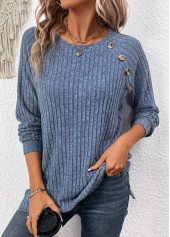 Button Dusty Blue Long Sleeve Round Neck T Shirt