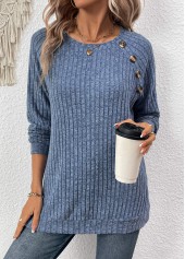 Button Dusty Blue Long Sleeve Round Neck T Shirt
