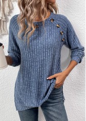 Button Dusty Blue Long Sleeve Round Neck T Shirt