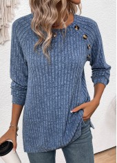 Button Dusty Blue Long Sleeve Round Neck T Shirt