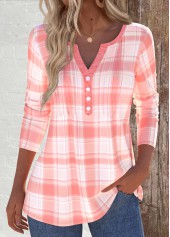 Plaid Tuck Stitch Dusty Pink Long Sleeve T Shirt