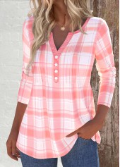 Plaid Tuck Stitch Dusty Pink Long Sleeve T Shirt